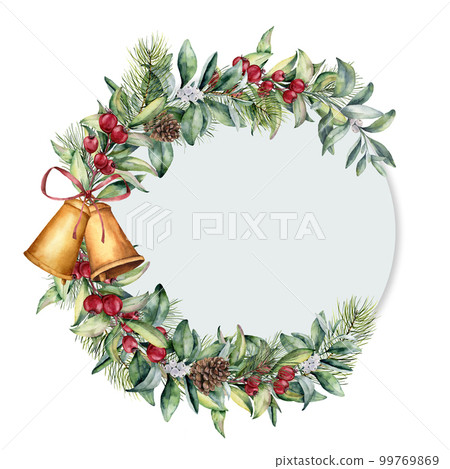 Watercolor Christmas label. Hand painted floral branch with berries and fir branch, pine cone, bells and ribbon isolated on white background. Holiday clip art. Watercolor Christmas label. Hand painted floral branch with berries and fir branch, pine cone, bells and ribbon isolated on white background. Holiday clip art. 99769869