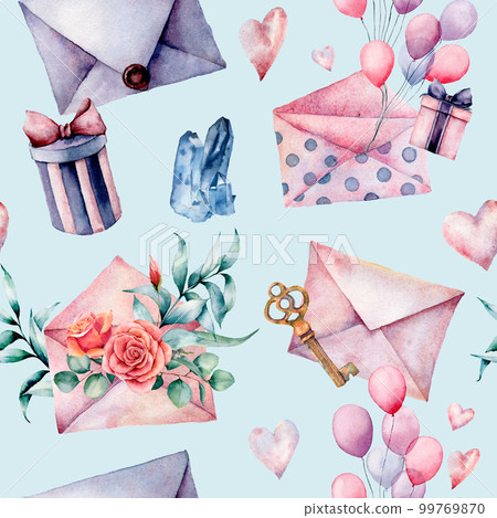 Watercolor birthday decor seamless pattern with envelope and gift box. Hand painted air balloons, bouquet of flowers, key isolated on blue background. Pastel decor collection. Holiday illustrations. Watercolor birthday decor seamless pattern with envelope and gift box. Hand painted air balloons, bouquet of flowers, key isolated on blue background. Pastel decor collection. Holiday illustrations. 99769870