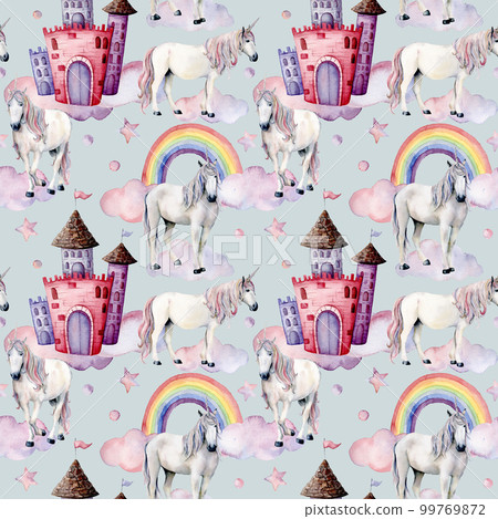 Watercolor pattern with unicorns and fairy tale decor. Hand painted magic horses, castle, rainbow, clouds, stars isolated on white background. Cute wallpaper for design, print or background. Watercolor pattern with unicorns and fairy tale decor. Hand painted magic horses, castle, rainbow, clouds, stars isolated on white background. Cute wallpaper for design, print or background. 99769872