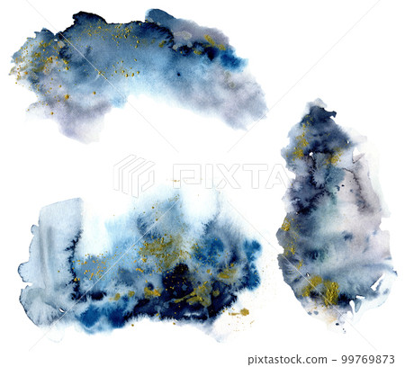 Watercolor set with blue and grey splash and gold glitter on white background. The color splashing in the paper. Hand drawn watercolor texture. Illustration for design, print or background Watercolor set with blue and grey splash and gold glitter on white background. The color splashing in the paper. Hand drawn watercolor texture. Illustration for design, print or background 99769873