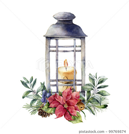 Watercolor Christmas lantern with candle and holiday decor. Hand painted floral composition with holly, mistletoe, poinsettia, fir branch, bells, juniper berries isolated on white background. Watercolor Christmas lantern with candle and holiday decor. Hand painted floral composition with holly, mistletoe, poinsettia, fir branch, bells, juniper berries isolated on white background. 99769874
