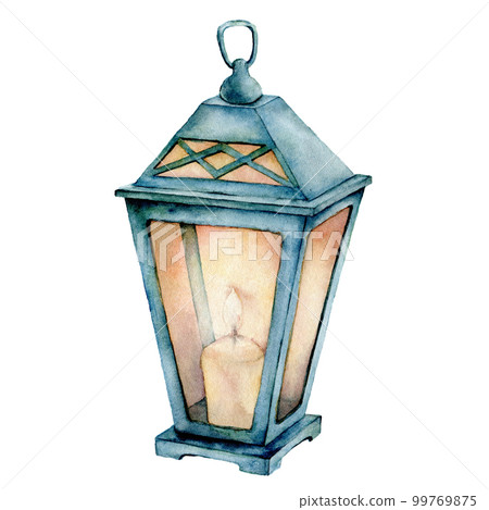 Watercolor blue lantern. Hand painted lantern with candle isolated on white background. Vintage glowing lamp. Christmas decor. Season illustration for design, print or background. Watercolor blue lantern. Hand painted lantern with candle isolated on white background. Vintage glowing lamp. Christmas decor. Season illustration for design, print or background. 99769875