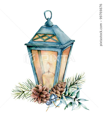 Watercolor blue Christmas lantern with decor. Hand painted lamp, candle, eucalyptus leaves and branch, silver bells, fir cone and isolated on white background. Holiday symbol for design, print. 99769876