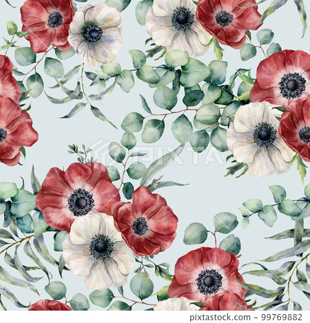 Watercolor seamless pattern with eucalyptus leaves and anemone. Hand painted red and white anemones, green brunch on blue pastel background. Floral botanical illustration for design or background. Watercolor seamless pattern with eucalyptus leaves and anemone. Hand painted red and white anemones, green brunch on blue pastel background. Floral botanical illustration for design or background. 99769882