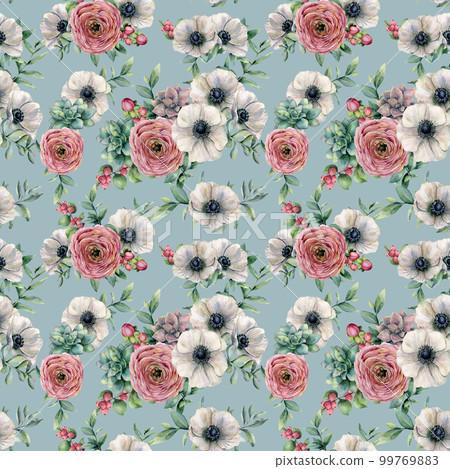 Watercolor succulent, ranunculus, anemone seamless pattern. Hand painted flowers, eucaliptus leaves, berries and succulent isolated on blue background. Ilustration for design, print, background. Watercolor succulent, ranunculus, anemone seamless pattern. Hand painted flowers, eucaliptus leaves, berries and succulent isolated on blue background. Ilustration for design, print, background. 99769883