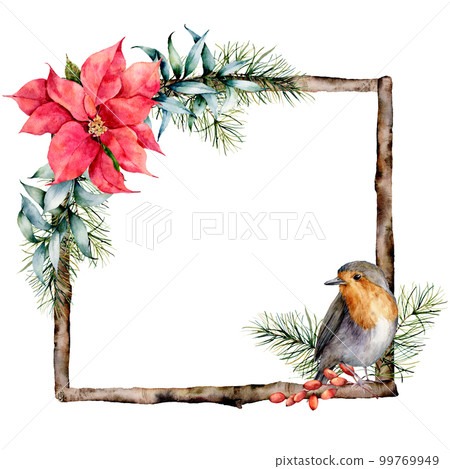 Watercolor Christmas frame with floral decor and robin. Hand painted wood branch with poinsetiia, eucalyptus leaves, christmas tree isolated on white background. Holiday illustration for design. Watercolor Christmas frame with floral decor and robin. Hand painted wood branch with poinsetiia, eucalyptus leaves, christmas tree isolated on white background. Holiday illustration for design. 99769949