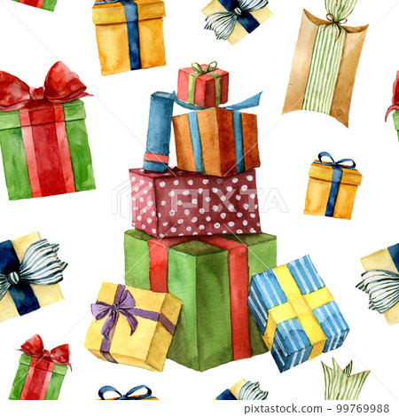 Watercolor Christmas pattern with presents. Hand painted gift boxes with ribbon isolated on white background. Holiday background. Watercolor Christmas pattern with presents. Hand painted gift boxes with ribbon isolated on white background. Holiday background. 99769988