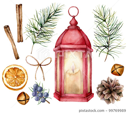 Watercolor Christmas red lantern with decor. Hand painted lamp with candle, fir branches and cones, bells, juniper, orange slice and bow isolated on white background. Holiday symbol for design, print. Watercolor Christmas red lantern with decor. Hand painted lamp with candle, fir branches and cones, bells, juniper, orange slice and bow isolated on white background. Holiday symbol for design, print. 99769989