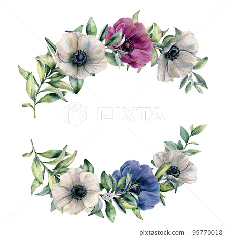 Watercolor branch with anemone and eucalyptus leaves. Hand painted white, blue, pink flowers and leaves isolated on white background. Botanical illustration for design, print, fabric or background. Watercolor branch with anemone and eucalyptus leaves. Hand painted white, blue, pink flowers and leaves isolated on white background. Botanical illustration for design, print, fabric or background. 99770018