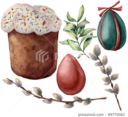 Watercolor Easter symbols set. Hand painted color eggs, pussy willow branch, Easter cake, spring greenery isolated on white background. Holiday illustration for design and print. 99770062