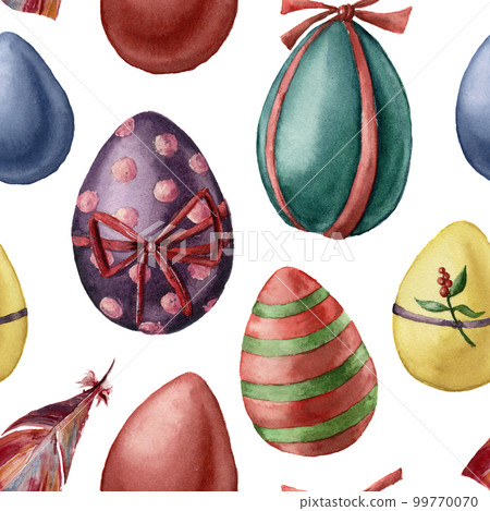 Watercolor easter eggs pattern. Hand painted feather and colored eggs with decor isolated on white background. Holiday illustration for design. 99770070