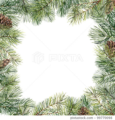 Watercolor Christmas tree floral frame with pine cones. Hand painted fir branch, pine cone isolated on white background. Holiday border. Winter card Watercolor Christmas tree floral frame with pine cones. Hand painted fir branch, pine cone isolated on white background. Holiday border. Winter card 99770098