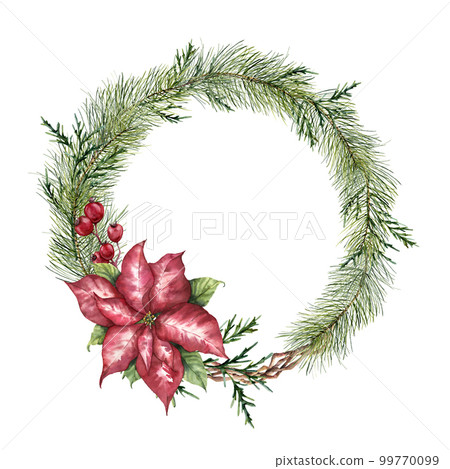Watercolor Christmas floral wreath. Hand painted Christmas tree branch, poinsettia, eucalyptus, cedar and crabapple isolated on white background. Floral botanical border for design or print. Watercolor Christmas floral wreath. Hand painted Christmas tree branch, poinsettia, eucalyptus, cedar and crabapple isolated on white background. Floral botanical border for design or print. 99770099