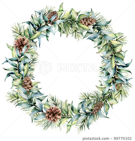 Watercolor Christmas wreath with eucalyptus and pine cones. Hand painted fir border with cones, Christmas tree, eucalyptus leaves isolated on white background. Holiday floral illustration for design 99770102