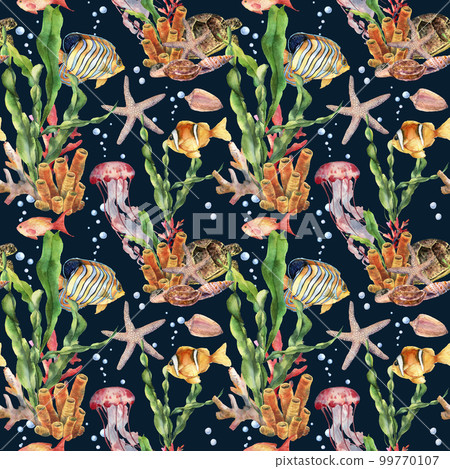 Watercolor seamless pattern with fish and laminaria branch. Hand painted tropical fish, starfish, jellyfish and air bubbles on blue background. Nautical illustration for design, print or background. 99770107