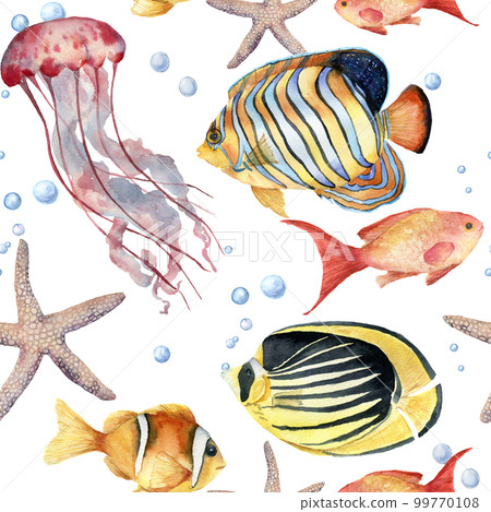 Watercolor seamless pattern with fish. Hand painted tropical fish, starfish, jellyfish, and air bubbles. Nautical illustration for design, print or background. 99770108