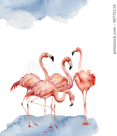 Watercolor card with dancing flamingo. Hand painted print with exotic bird isolated on white background. Tropical illustration for design. 99770110