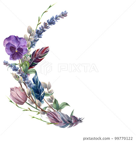 Watercolor spring feather wreath. Hand painted border with lavender, pansies flower, willow, tulip and tree branch with leaves isolated on white background. Easter floral illustration for design. Watercolor spring feather wreath. Hand painted border with lavender, pansies flower, willow, tulip and tree branch with leaves isolated on white background. Easter floral illustration for design. 99770122