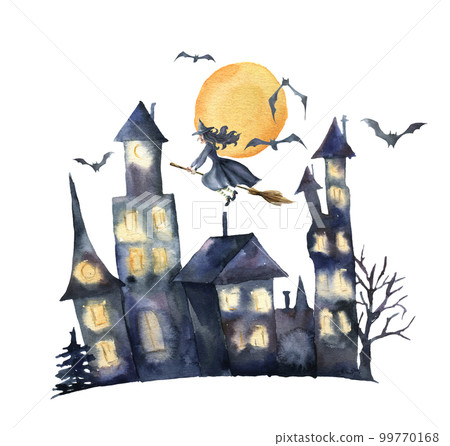 Watercolor Halloween card. Hand painted Castle with glowing windows, bats and witch isolated on white background. Holiday print for design or background. 99770168