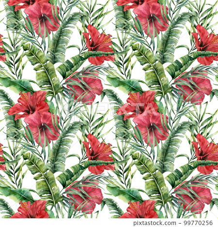 Watercolor big seamless pattern with banana leaves and hybiscus. Hand painted greenery tropical palm brunch and red flowers on white background. Botanical illustration for design, print or background. Watercolor big seamless pattern with banana leaves and hybiscus. Hand painted greenery tropical palm brunch and red flowers on white background. Botanical illustration for design, print or background. 99770256