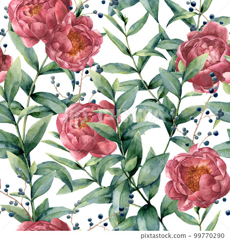 Watercolor pattern with eucalyptus, peony and berries. Hand painted floral branches with leaves, flowers isolated on white background. Nature botanical illustration for design or print. 99770290