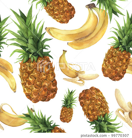 Watercolor pineapple and bananas pattern. Hand painted tropical fruits with leaves isolated on white background. Food botanical illustration for design or print. Watercolor pineapple and bananas pattern. Hand painted tropical fruits with leaves isolated on white background. Food botanical illustration for design or print. 99770307