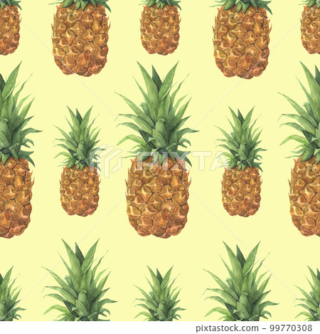 Watercolor pineapple tropical pattern. Hand painted tropical fruit with leaves isolated on yellow background. Food botanical illustration for design or print. Watercolor pineapple tropical pattern. Hand painted tropical fruit with leaves isolated on yellow background. Food botanical illustration for design or print. 99770308
