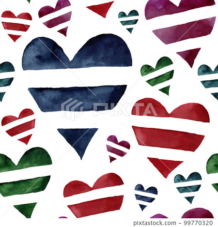 Watercolor seamless pattern with striped hearts. Hand painted ornament with symbol of love isolated on white background. Valentine's Day. For design or background Watercolor seamless pattern with striped hearts. Hand painted ornament with symbol of love isolated on white background. Valentine's Day. For design or background 99770320