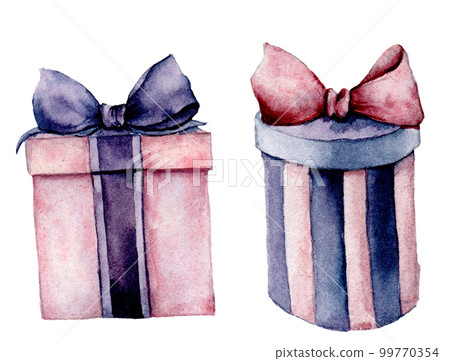 Watercolor giftboxes set. Hand painted pink and violet gift box with ribbon isolated on white background. Holiday illustration for design, print. Birthday party set. Watercolor giftboxes set. Hand painted pink and violet gift box with ribbon isolated on white background. Holiday illustration for design, print. Birthday party set. 99770354