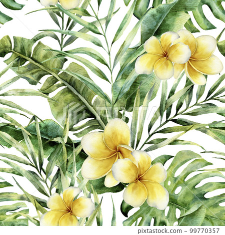 Watercolor pattern with plumeria, palm tree leaves. Hand painted exotic greenery branch. Botanical illustration. For design, print or background. Watercolor pattern with plumeria, palm tree leaves. Hand painted exotic greenery branch. Botanical illustration. For design, print or background. 99770357