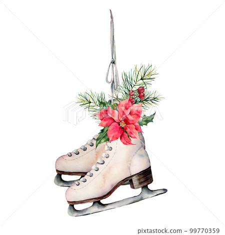 Watercolor vintage skates with Christmas floral decor. Hand painted white skates with fir branches, berries, holly, poinsettia and fir cone isolated on white background. Holiday symbol for design. Watercolor vintage skates with Christmas floral decor. Hand painted white skates with fir branches, berries, holly, poinsettia and fir cone isolated on white background. Holiday symbol for design. 99770359