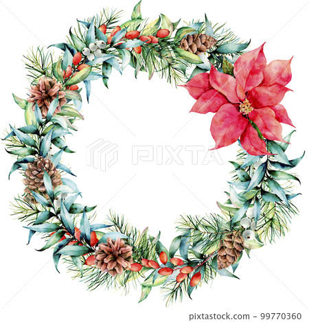 Watercolor Christmas wreath with eucalyptus and poinsettia. Hand painted fir border with cones, berries, eucalyptus leaves isolated on white background. Holiday floral illustration for design, print Watercolor Christmas wreath with eucalyptus and poinsettia. Hand painted fir border with cones, berries, eucalyptus leaves isolated on white background. Holiday floral illustration for design, print 99770360
