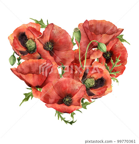 Watercolor heart with red poppies. Hand painted flowers and leaves isolated on white background. Valentine's Day print. Floral illustration for design, fabric, card. Watercolor heart with red poppies. Hand painted flowers and leaves isolated on white background. Valentine's Day print. Floral illustration for design, fabric, card. 99770361
