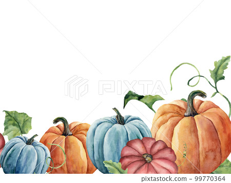 Watercolor bright pumpkin and leaves card. Hand painted autumn pumpkin ornament with branch isolated on white background. Botanical illustration for design and fabric, halloween. Watercolor bright pumpkin and leaves card. Hand painted autumn pumpkin ornament with branch isolated on white background. Botanical illustration for design and fabric, halloween. 99770364