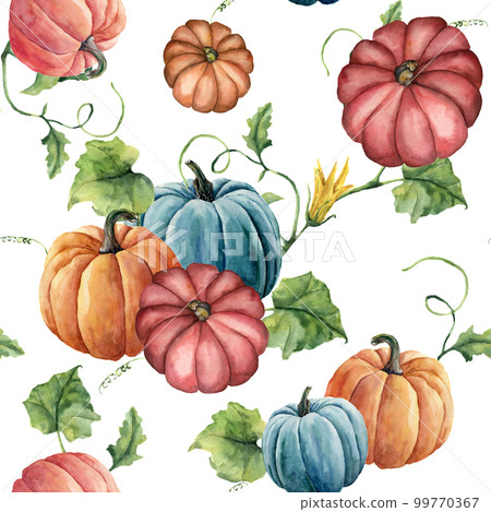 Watercolor bright pumpkin seamless pattern. Hand painted pumpkin ornament with flower, leaves and branch isolated on white background. Botanical illustration for design and fabric. Halloween print. 99770367