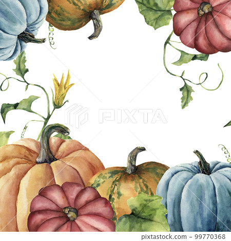 Watercolor autumn card with pumpkin. Hand painted pumpkin print with flower, leaves and branch isolated on white background. Botanical illustration for design or background. 99770368
