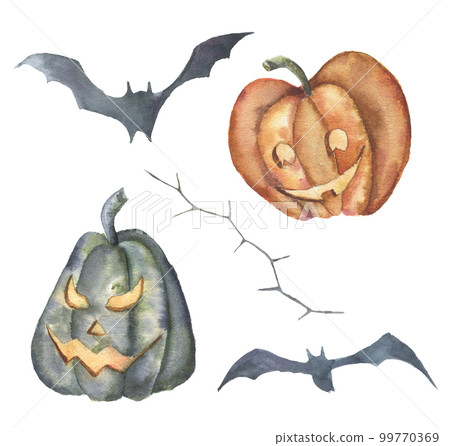Watercolor Halloween symbol set. Hand painted carved faces pumpkins, bats and plants with thorns isolated on white background. Holiday illustration for design, print or background. Watercolor Halloween symbol set. Hand painted carved faces pumpkins, bats and plants with thorns isolated on white background. Holiday illustration for design, print or background. 99770369