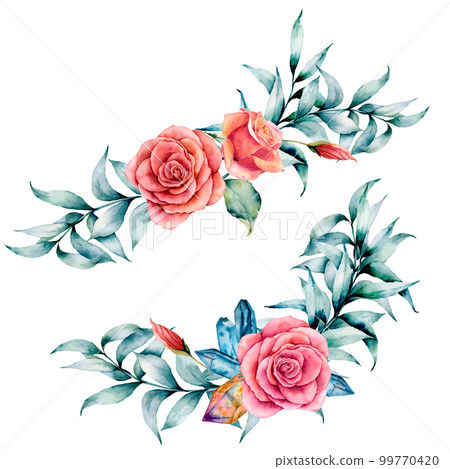 Watercolor asymmetric bouquet with rose and eucalyptus. Hand painted red flowers, eucalyptus leaves and branch isolated on white background. Illustration for design, print or background. 99770420