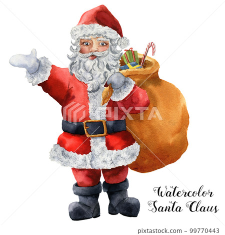 Watercolor Santa Claus. Hand painted Christmas character with gift bag isolated on white background. Holiday print for design, fabric or background 99770443