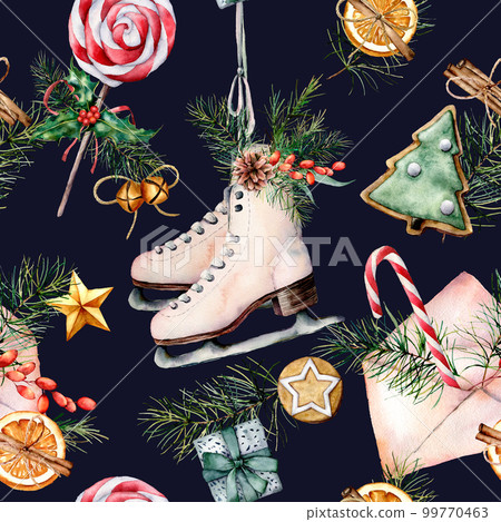 Watercolor Christmas pattern with skates. Hand painted envelope, white scates, bells, candy cane, cookies, gifts, pine branch isolated on blue background. Holiday illustration for design, fabric. 99770463