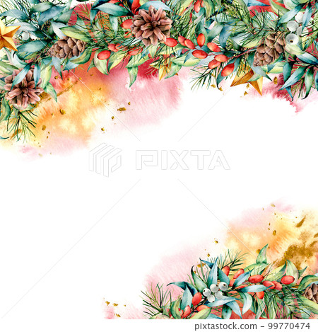 Watercolor Christmas card with floral garland and glitter. Hand painted eucalyptus and fir branches, berries and leaves, pine cones isolated on white background. Holiday card for design, print 99770474