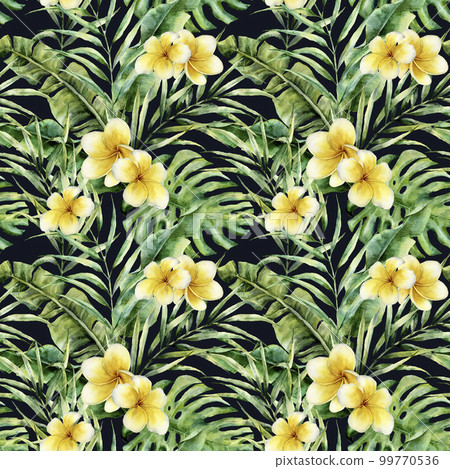 Watercolor pattern with plumeria and palm tree leaves. Hand painted exotic greenery branch. Botanical illustration. For design, print or black background. Watercolor pattern with plumeria and palm tree leaves. Hand painted exotic greenery branch. Botanical illustration. For design, print or black background. 99770536