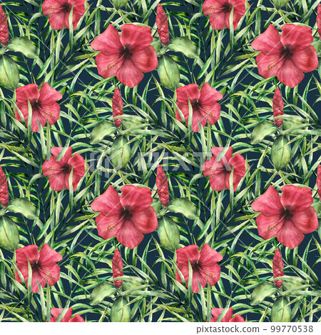 Watercolor tropical bright pattern with hibiskus. Hand painted flowers with palm leaves isolated on dark blue background. Botanical ornament for design, print, fabric. 99770538