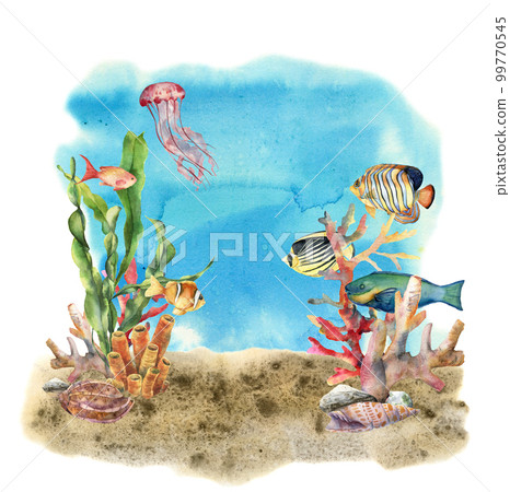 Watercolor coral reef border and propical fish. Hand painted underwater illustration with laminaria branch, fish and shell isolated on ocean background. Nautical illustration for design or print. 99770545