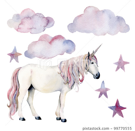 Watercolor set with white unicorn and decor. Hand painted magic horse, clouds and stars isolated on white background. Fairytale character illustration design, fabric, card, print or background. Watercolor set with white unicorn and decor. Hand painted magic horse, clouds and stars isolated on white background. Fairytale character illustration design, fabric, card, print or background. 99770555