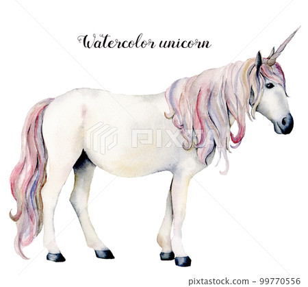Watercolor white unicorn. Hand painted magic horse isolated on white background. Fairytale character illustration design, fabric, card, print or background. Watercolor white unicorn. Hand painted magic horse isolated on white background. Fairytale character illustration design, fabric, card, print or background. 99770556