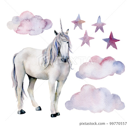 Watercolor set with white unicorn. Hand painted magic horse, clouds and stars isolated on white background. Fairytale character illustration design, fabric, card, print or background. Watercolor set with white unicorn. Hand painted magic horse, clouds and stars isolated on white background. Fairytale character illustration design, fabric, card, print or background. 99770557