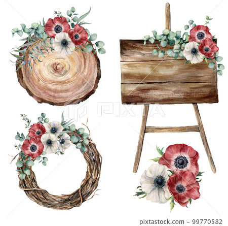 Watercolor party decor set. Hand painted eucalyptus leaves and brznches, anemones, plants, tree wreath, wooden textured boards isolated on white background. Wedding floral collection for design. 99770582