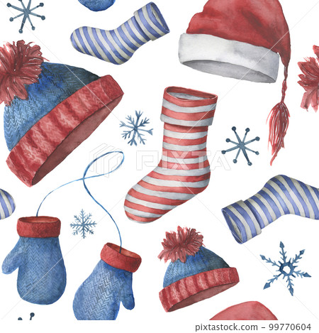 Watercolor seamless winter pattern with hats, socks and mittens. Hand painted ornament with Christmas clothing isolated on white background. Holiday print for design or fabric. Watercolor seamless winter pattern with hats, socks and mittens. Hand painted ornament with Christmas clothing isolated on white background. Holiday print for design or fabric. 99770604