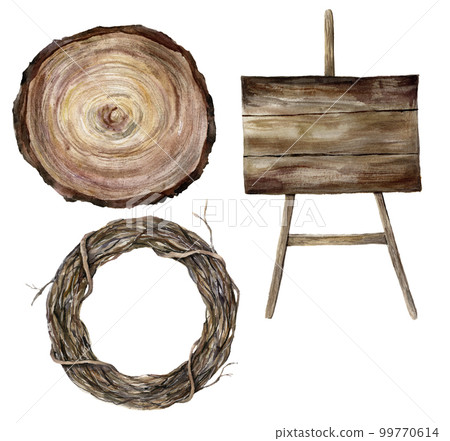Watercolor woodern textured sign, cross section of a tree and tree branch wreath. Wedding accessories isolated on white background. Natural floral ustration for design, print, fabric or background. 99770614